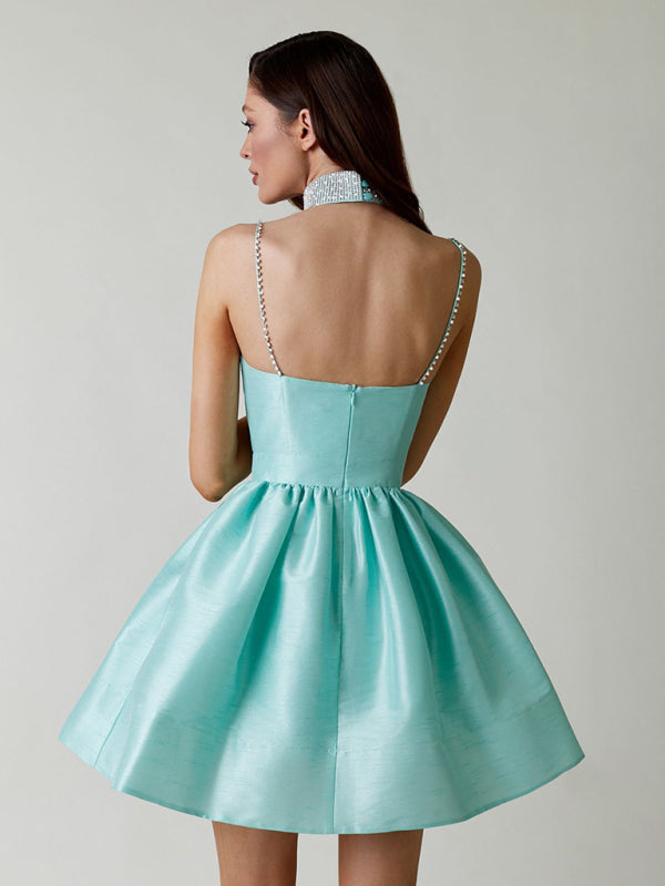 Women's dress pleated suspender dress sexy temperament rhinestone skirt