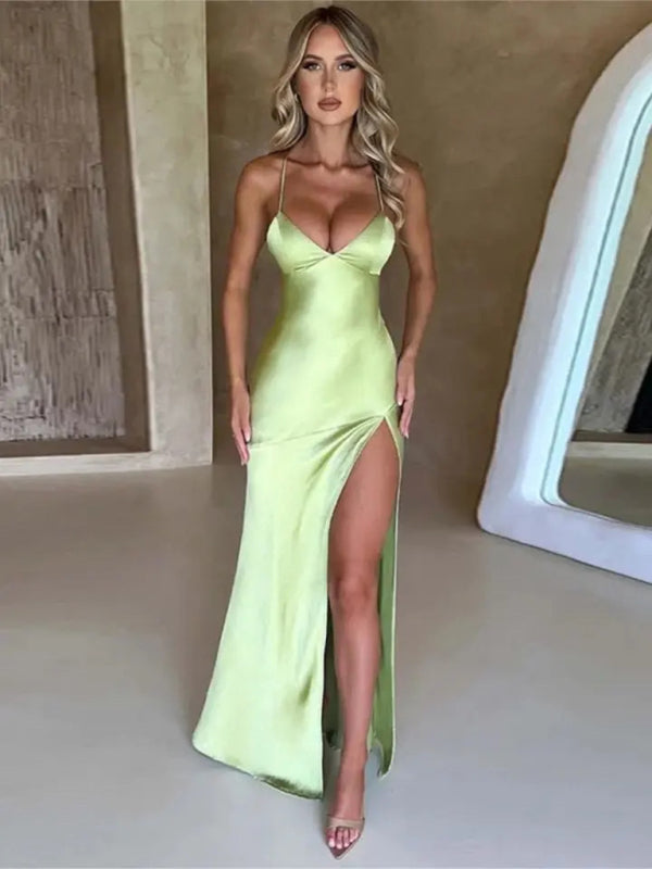 Women's suspender V-neck satin slit sexy backless long dress