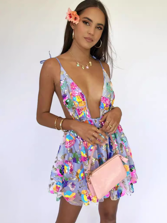 Women's Sexy Deep V Backless Sequin Floral Strappy Short Dress