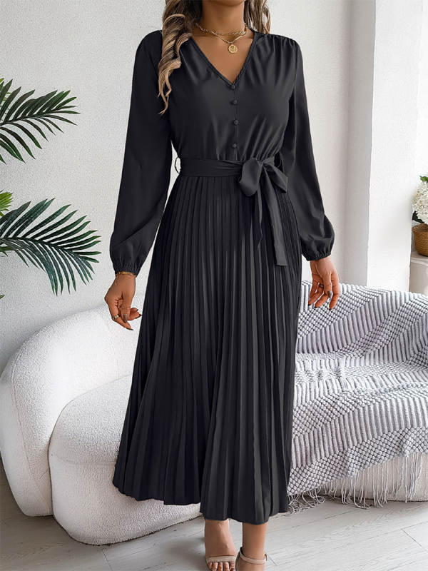 Elegant V-neck Button Tie Hem Pleated Long Dress Dresses