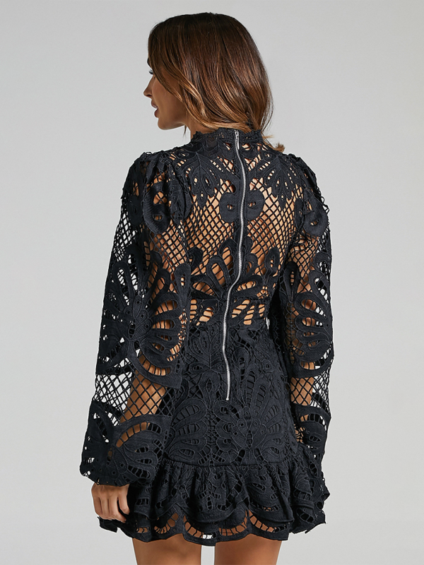 Lapel Lantern Long Sleeve Waist Gown Short A-line Ruffle Hollow Lace Dresses