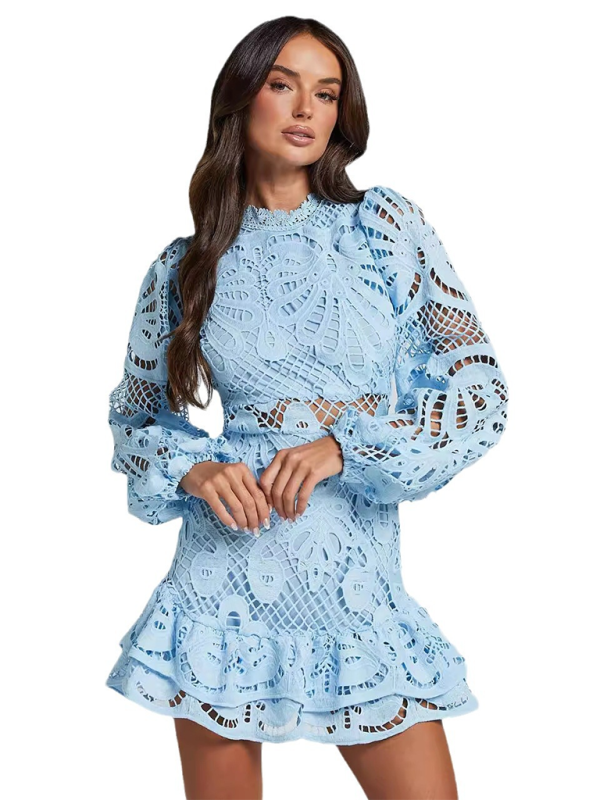 Lapel Lantern Long Sleeve Waist Gown Short A-line Ruffle Hollow Lace Dresses