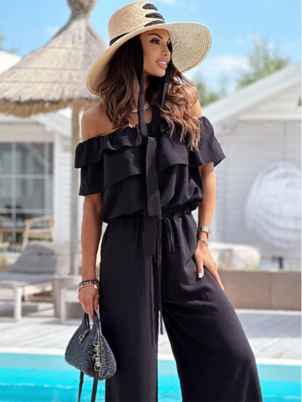 One-piece collar casual solid color waisted jumpsuit