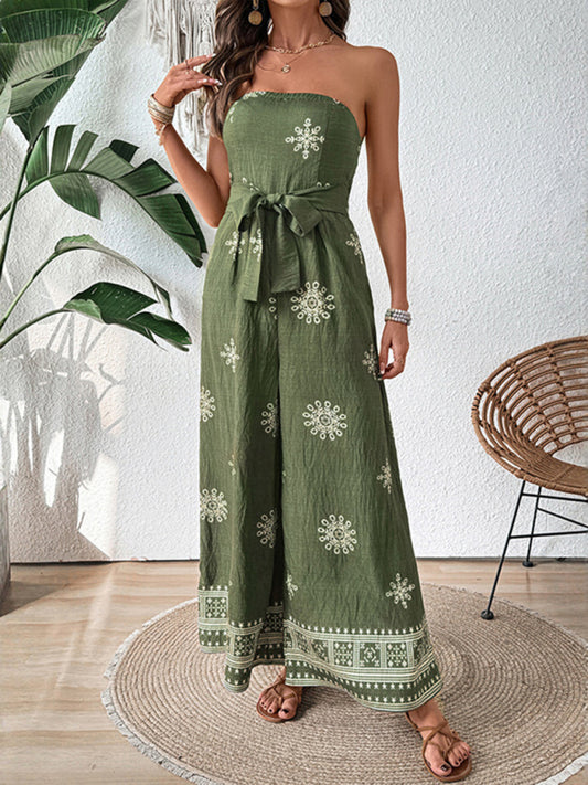Strapless snowflake print wide-leg jumpsuit