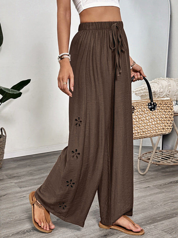 Simple style lace-up embroidered solid color loose wide-leg pants