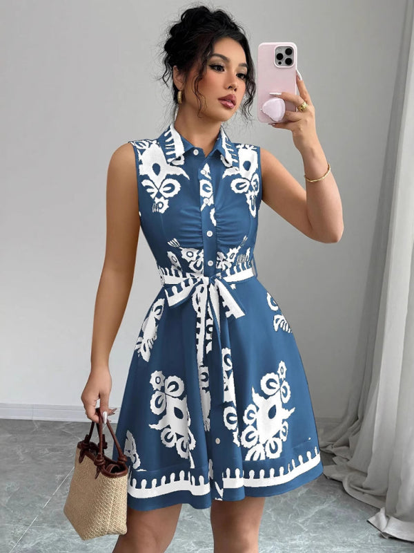 Women's Fashion Printed Waist Tie Sleeveless Dress