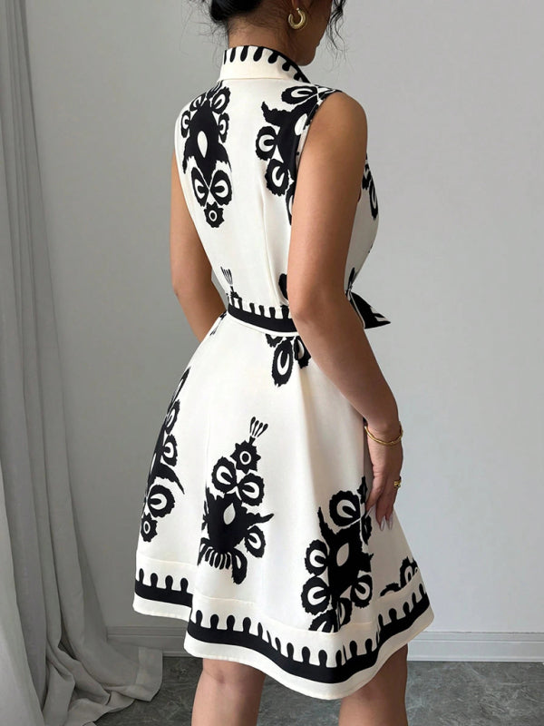 Women's Fashion Printed Waist Tie Sleeveless Dress